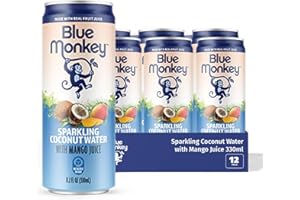 Blue Monkey Sparkling Coconut Water with Mango - 99.7% Coconut Water & Juice Blend - No Sugar Added, All Natural, Shelf Stabl