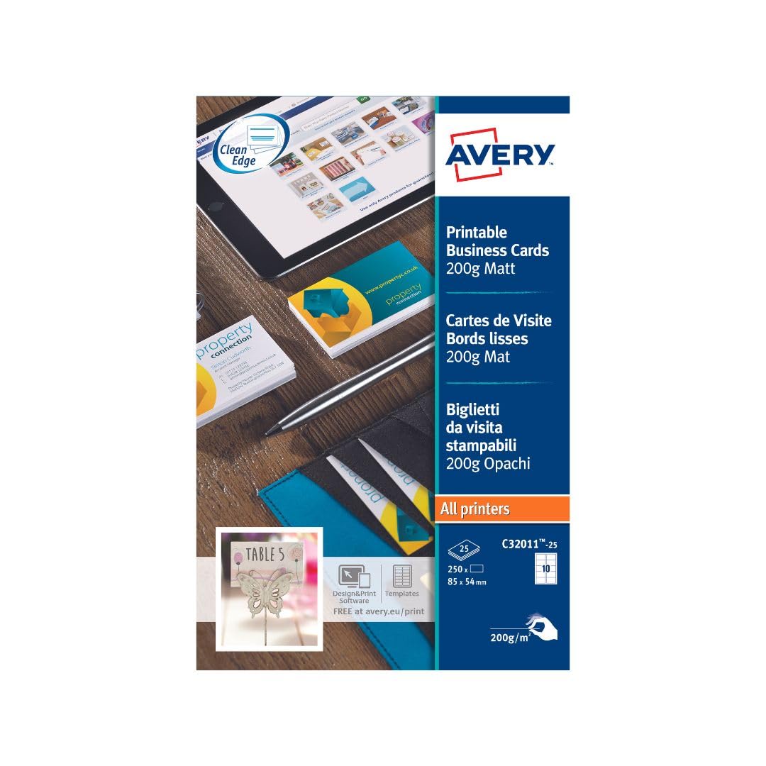 Avery Printable Single-Sided Business Cards – 85 x 54 mm, 10 Cards per A4 Sheet, White, Pack of 250, C32011-25