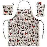 Home-X 3 Piece Rooster Kitchen Linen Set. Apron, Oven Glove and Mitt