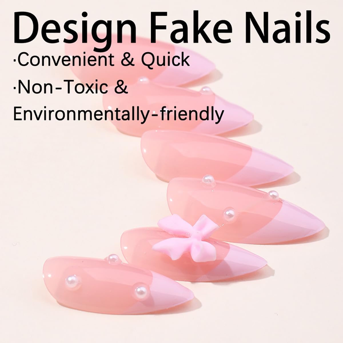 24Pcs French Tip Press on Nails Short Almond Fake Nails Pink Tip Full Cover Glue on Nails with Pearl Luxury Artificial Bow False Nails Cute Designs Stick on Nails for Women Acrylic Nails Decorations - Image 4