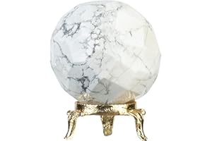 Crocon 45mm Howlite Diamond Cut Stone Sphere Ball with Metal Stand 1400+ Carats Gemstone Ball Healing Ornament Rock Sphere Sc