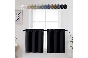 WelvetBLK Black Cafe Curtains 24 Inch Length Tier 2 Panels Set, Soft Solid Thermal Insulated Blackout Kitchen Half Curtains for Windows for Bathroom Basement, Black, 2PCS Each 30" Wx24 L