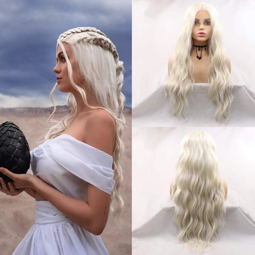 Xiweiya Platinum Blonde Wig Long Loose Curly Wavy Blonde White Synthetic Front Wigs Middle Part Natural Hairline Heat Resistant Fiber Hair Replacement Wigs 180% Density Half Hand Tied 24inch