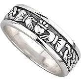 Men's Irish Claddagh Wedding Band, 925 Sterling Silver Groom's Ring, Oxidized Black Patina Two-Toned Design, Made in Ireland by Artisan Jewelers