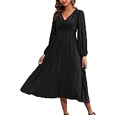 Kormei Women Casual Boho V Neck Long Sleeve Swiss Dot Smocked High Waist A Line Swing Fall Midi Long Dress