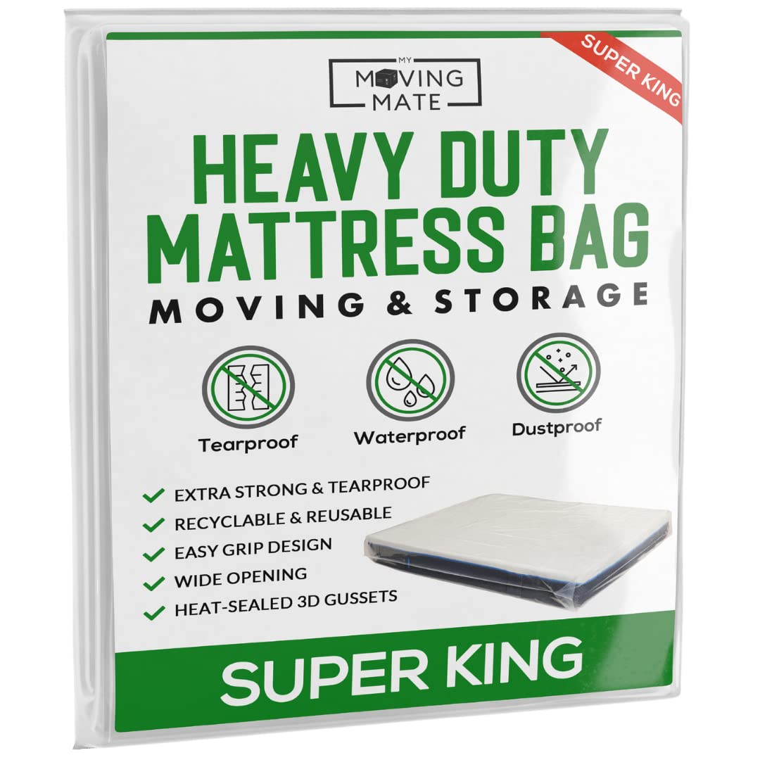 Super King Mattress Bags For Moving & Storage - Heavy Duty Super King Size Mattress Cover for Moving House & Self Store - Plastic Mattress Storage Bag Protector - Strong, Reusable, Tearproof - 6ft