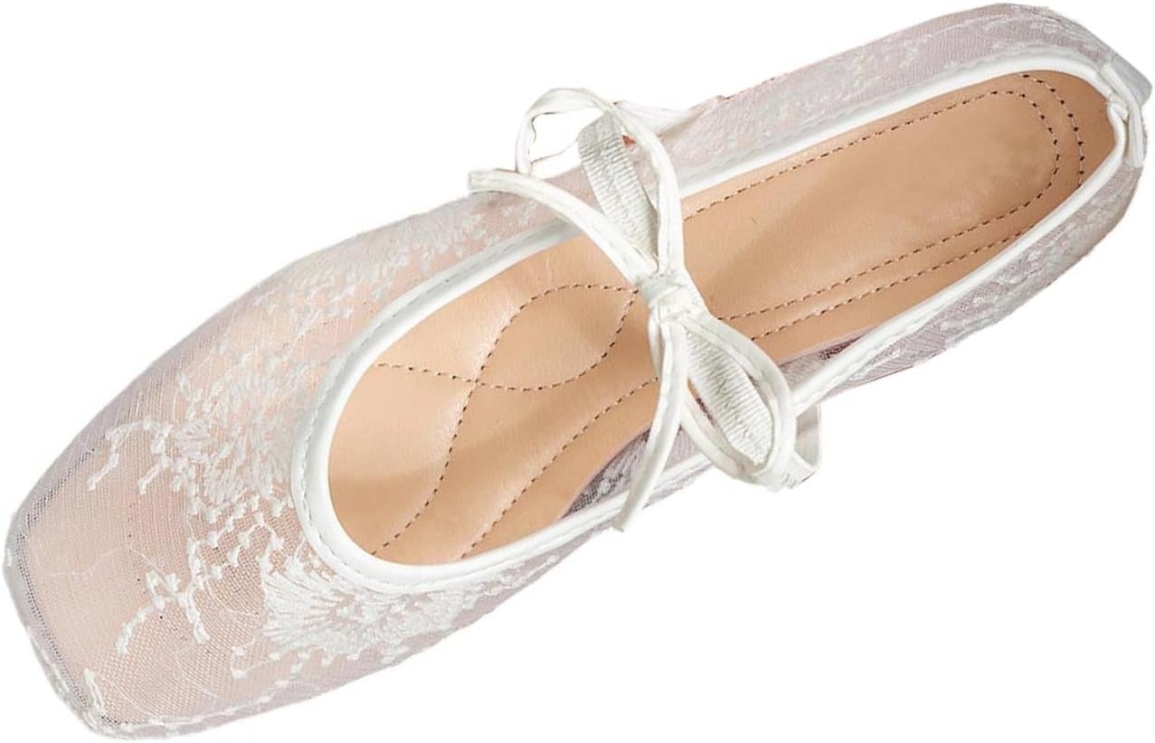 Women Sheer Lace Flats Bow Knot Strap Square Toe Mesh Ballerina Shoes Memory Foam Soft Comfy Vintage Embroidery Flats