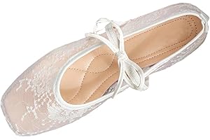 Women Sheer Lace Flats Bow Knot Strap Square Toe Mesh Ballerina Shoes Memory Foam Soft Comfy Vintage Embroidery Flats