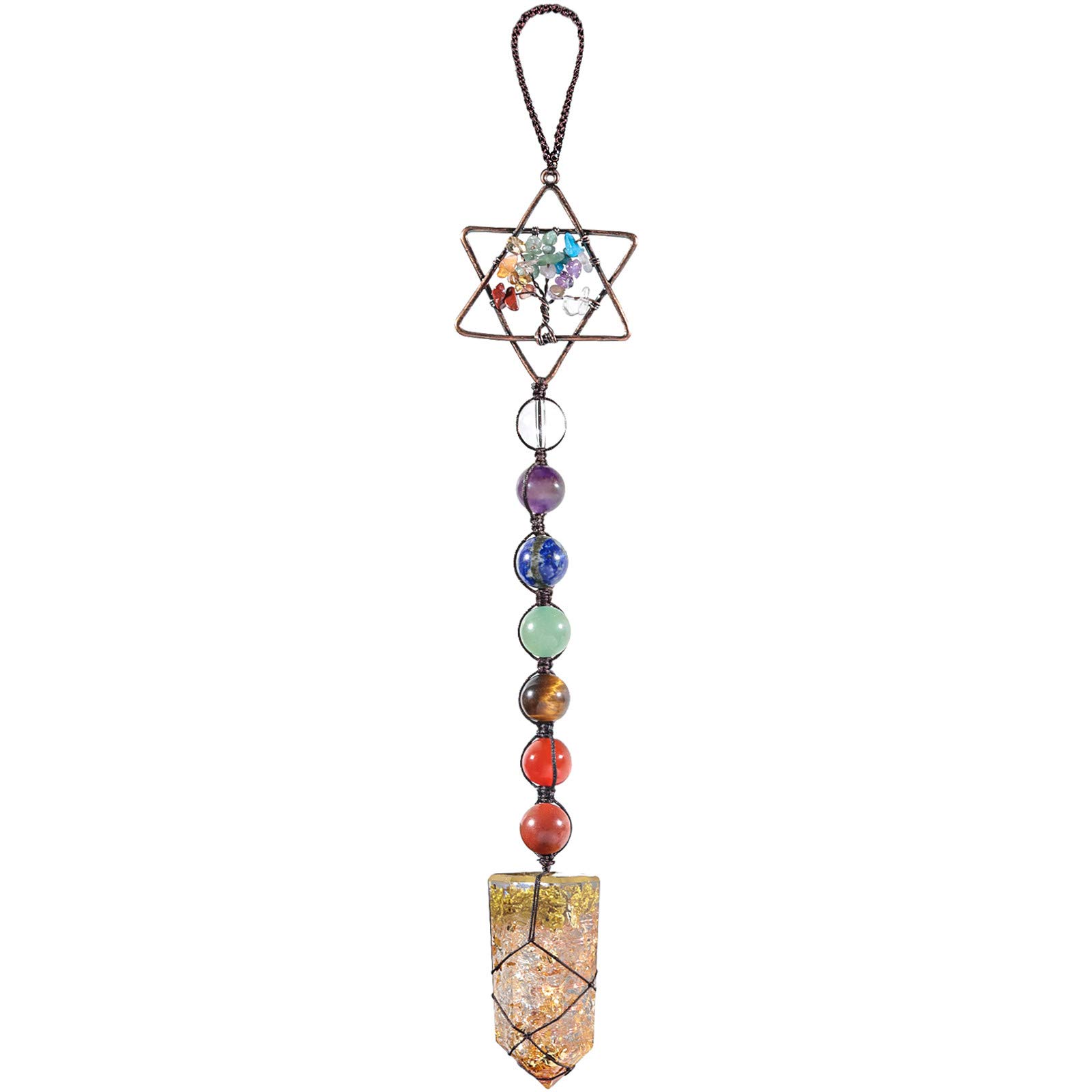 Nupuyai Rock Crystal 7 Chakra Tree of Life Hanging Ornament, Merkaba Star Energy Crystal Wand Spiritual Ornament for Car Home Office Decor with Gift Box 28cm