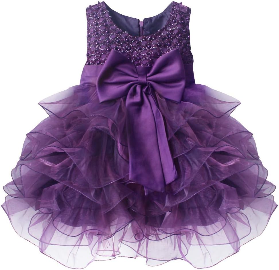 Baby Girls' Beading Bowknot Tiered Ruffles Flower Wedding Dress