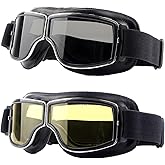 LJDJ Motorcycle Goggles,2 Pack Vintage Anti Fog Pilot PU Leather Glasses Dustproof ATV Off Road Motorbike Helmet Eyewear Protect for Ridding Motorcross Classes Aviator Goggles for Men Women Adult