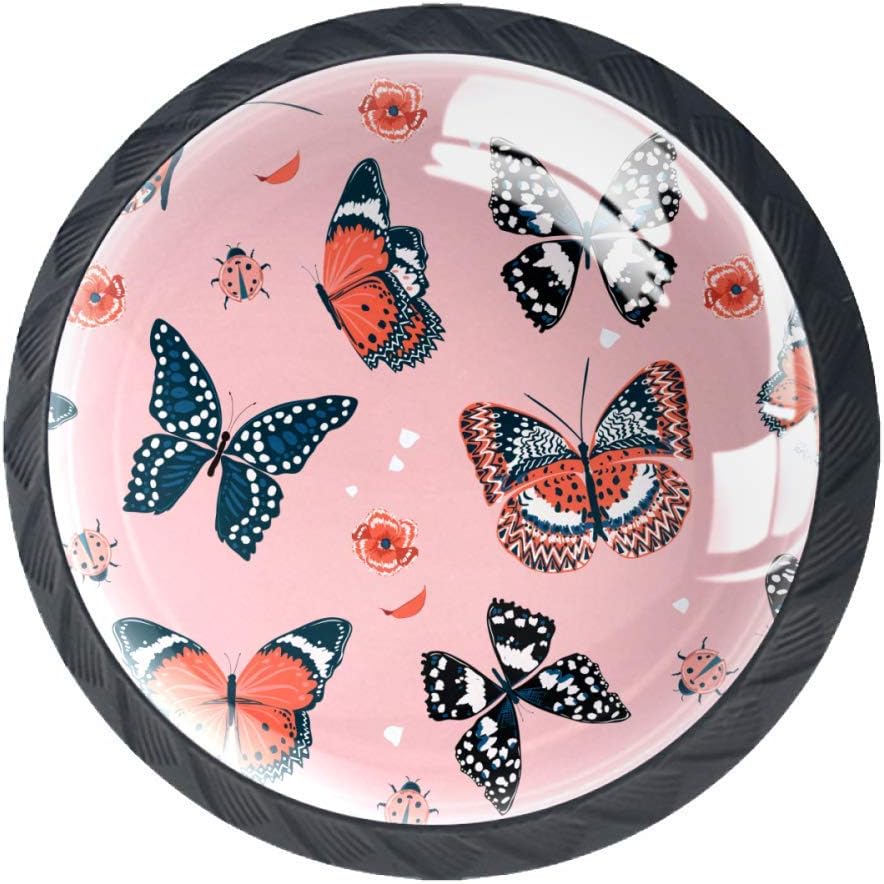 Butterflies Flying in The Garden with Lady Bug Drawer Knob Pull Handle Round Cabinet Drawer Pulls Cupboard Knobs with Screws,4 Pieces