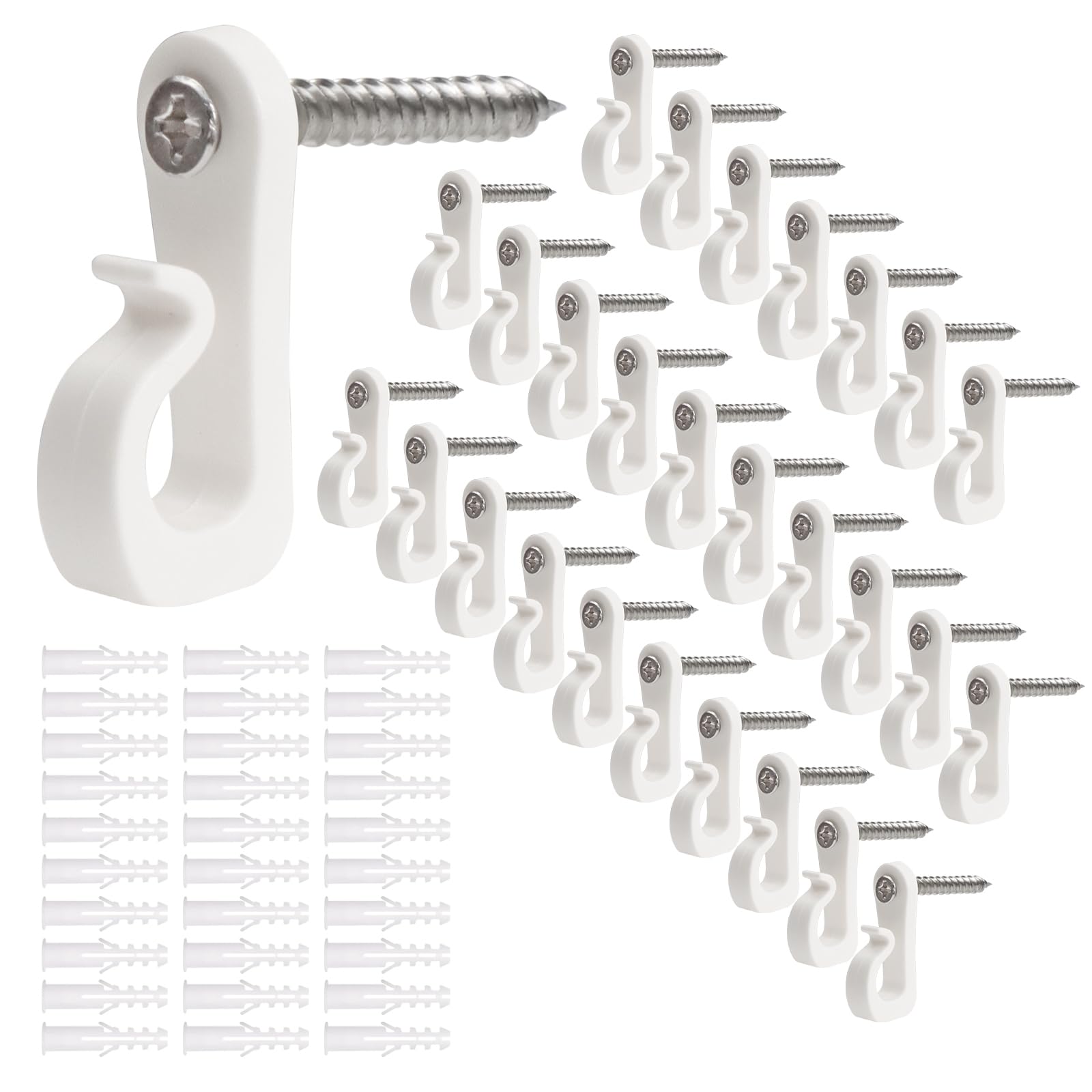 Huakaile 50pcs Hooks for Garden Lights with Safety Buckle Design, Anti-Rust Waterproof Fence Hooks for Outdoor Lights, Hanging Plants Wind Chime Basket Decorations Indoor Use (White, 50)