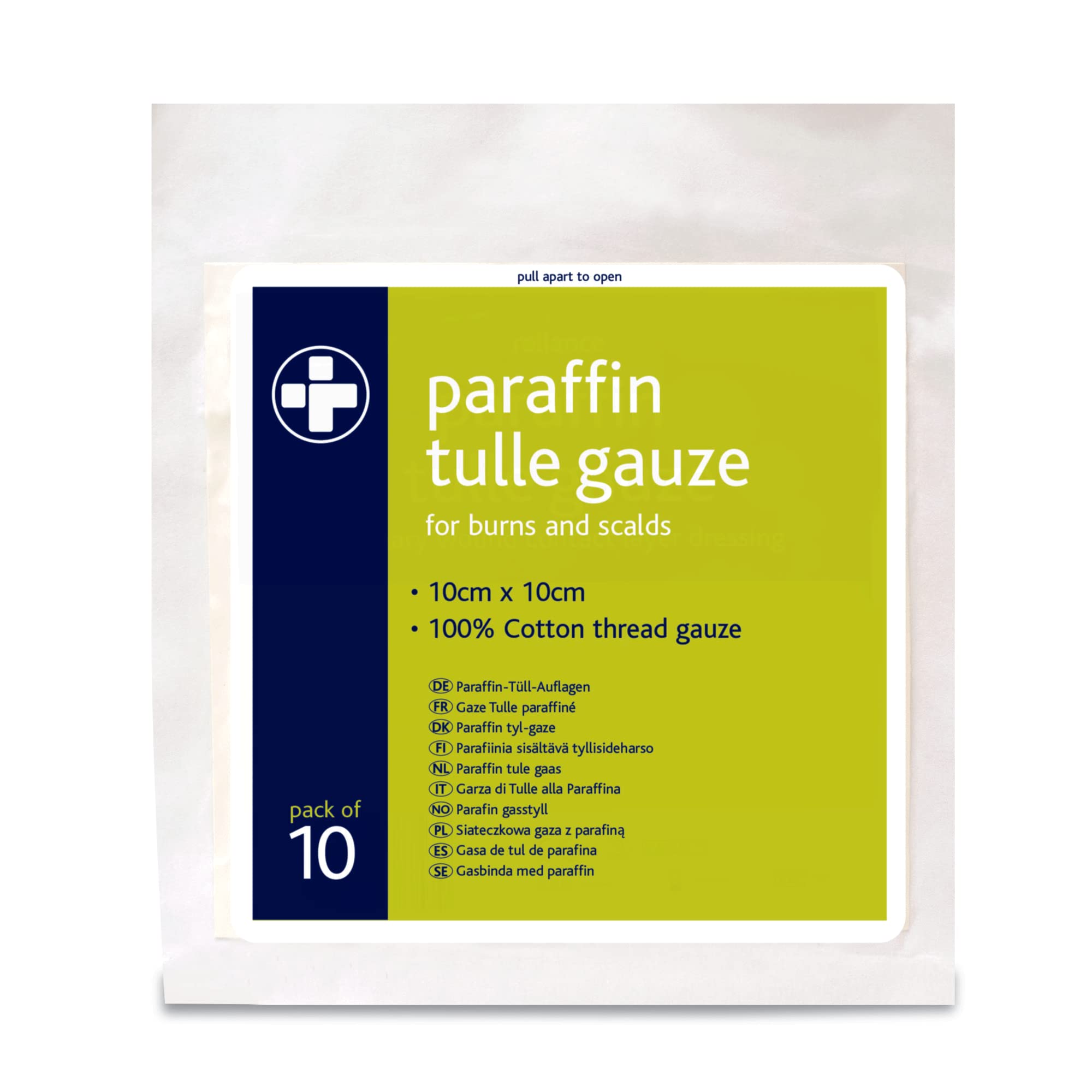 Reliance medical Paraffin Tulle Gauze for Minor Burns, Scalds, Cuts and Abrasions - 100% Cotton Thread Gauze - 10cm x 10cm (Pack of 15)