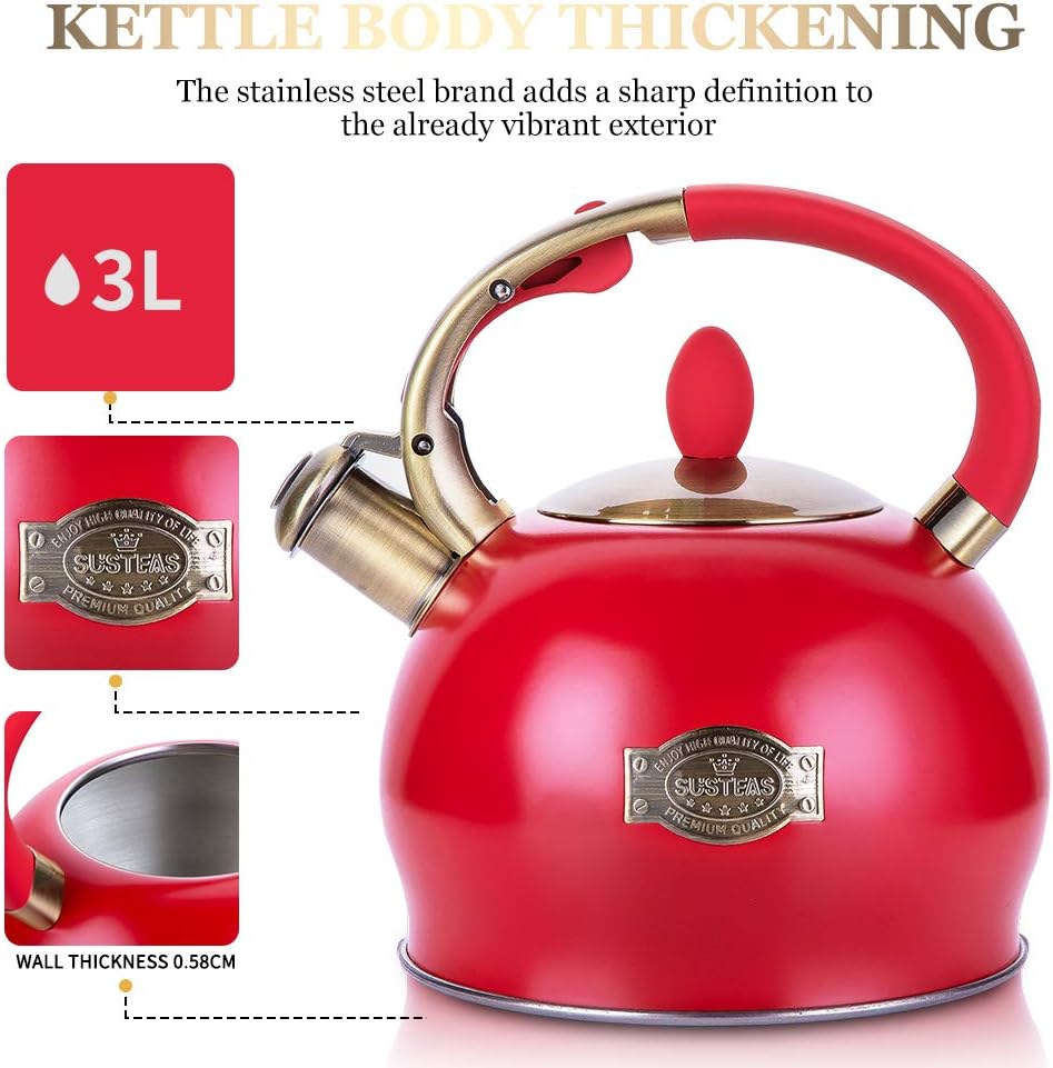 SUSTEAS Stove Top Whistling Tea Kettle-Surgical Stainless Steel Teakettle Teapot with Cool Touch Ergonomic Handle,1 Free Silicone Pinch Mitt Included,3 Liter(RED) - Image 4