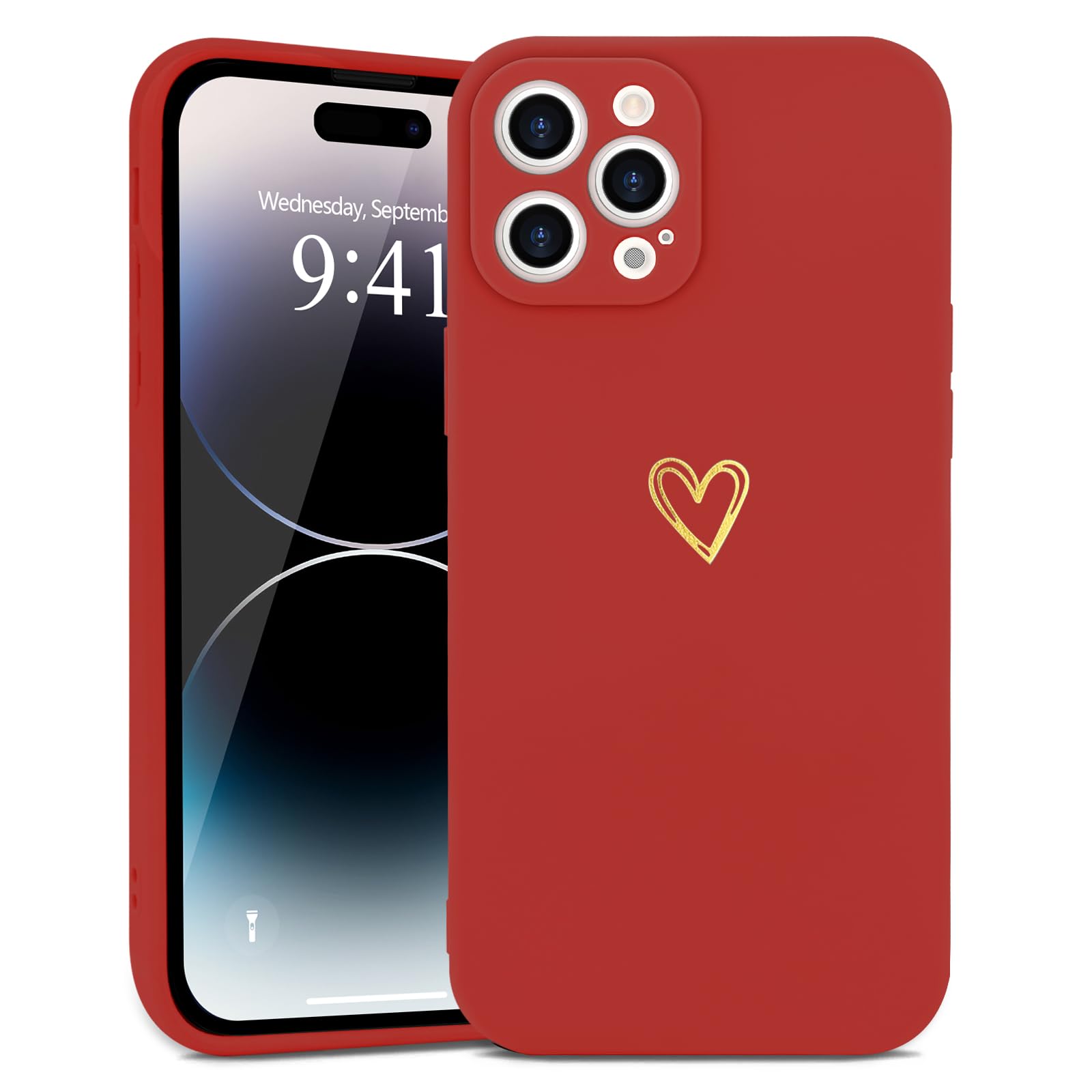 Wirvyuer for iPhone 14 Pro Max Case with Cute Heart Pattern Soft Shockproof Protective Silicone Phone Case for Women Girls,Bright Red
