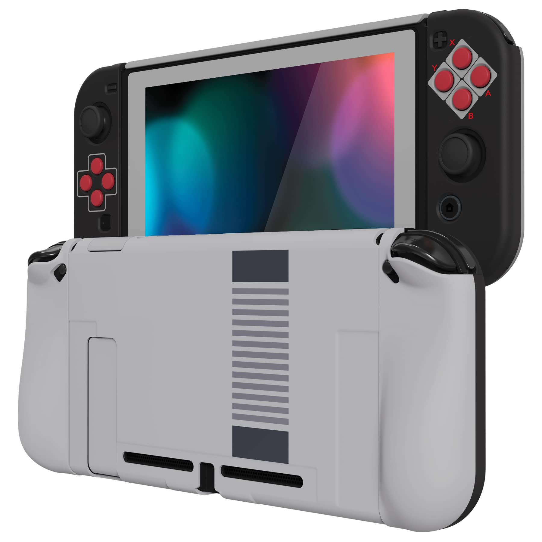 PlayVital AlterGrips Ergonomic Grips Cover for Nintendo Switch, [2 Design] Interchangeable Comfort Dockable Protective Case with Screen Protector & Thumb Grip Buttons Caps - Classics NES Style