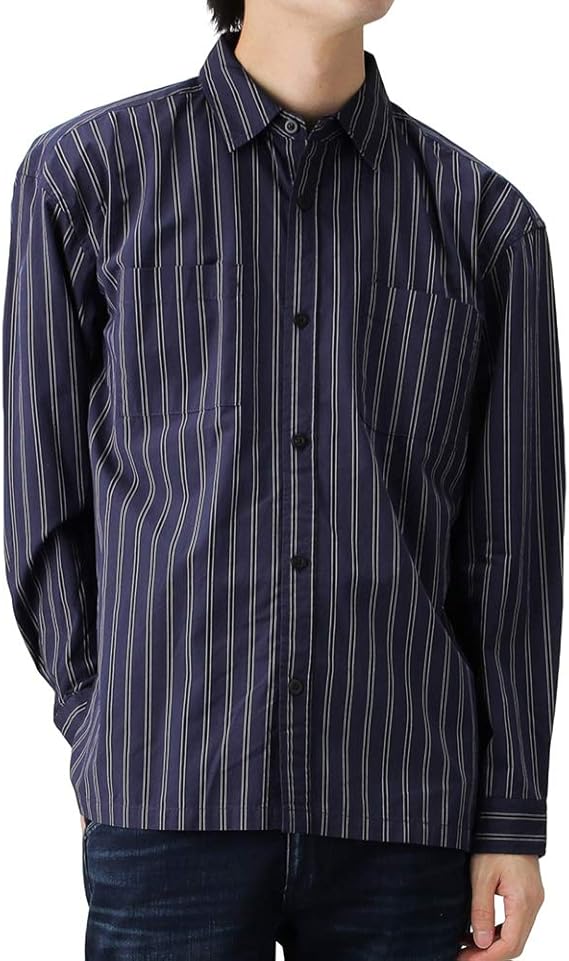 Amazon シャツ 長袖 白シャツ カジュアルシャツ メンズ ルーズ ストライプシャツ ストライプ ホワイト ブラック ネイビー 9470 2411m ネイビー M シャツ 通販