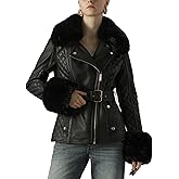 Xukiki Women's Faux Leather Jacket Moto Sherpa Lined Lapel Fall Coat Thick Parka Winter Overcoat with Belt