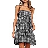 Wenrine Womens Summer Plaid Mini Dress Casual Spaghetti Strap Sleeveless A Line Beach Sundress with Pockets