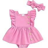 Madjtlqy Newborn Baby Girl Summer Clothes Romper Dress Ruffle Sleeve Solid Color Outfits with Headband