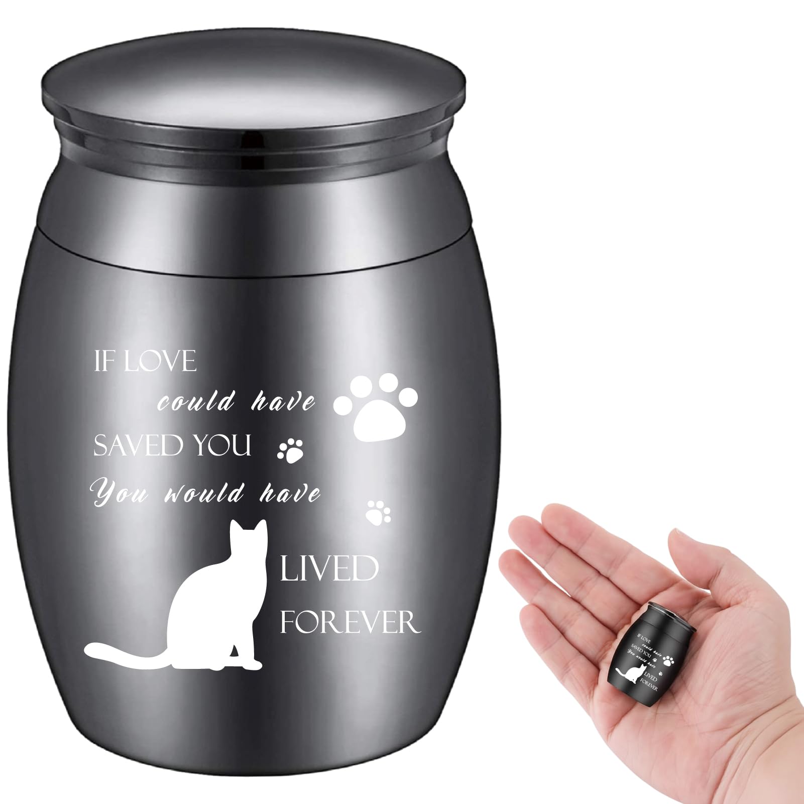 CREATCABIN Cat Urn Mini Heart Loved Forever Pet Ashes Small Keepsake Memorial Waterproof Stainless Steel Cremation Container Jar 1.18x1.57inch Black — image 1