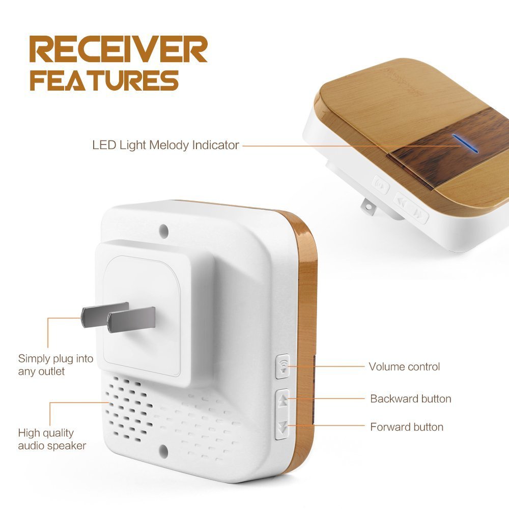 YCZ Wireless Doorbell Chime Wood Receiver Waterproof Push Button Remote Operating Range at Over 1000 ft with 52 Chimes with LED Indicator for Home Office Store and More (2 push button+2 receiver)