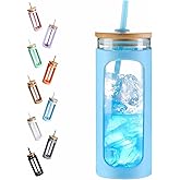 Kodrine 20oz Glass Water Tumbler with Straw and Lid, Bamboo Lids Water Bottle, Iced Coffee Cup Reusable, Wide Mouth Smoothie Cups with Protective Silicone Sleeve BPA FREE-Light Blue