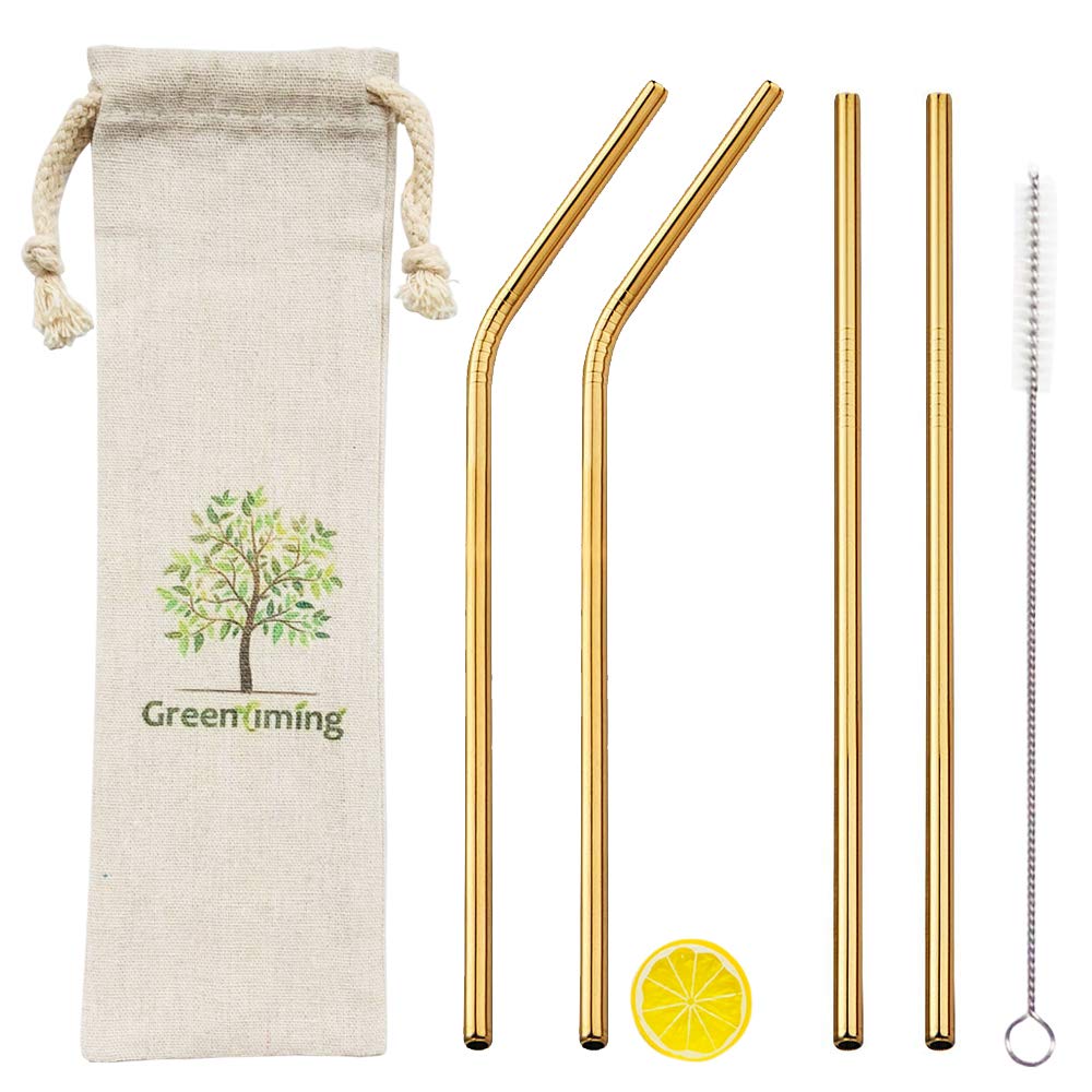 Metal Reusable Drinking Straw Set, Gold Coffee Straw Biodegradable Straw with Brushes and Storage Pouch, Bent & Straight Metal Straws Set for 20 30oz Rumblers Tumblers