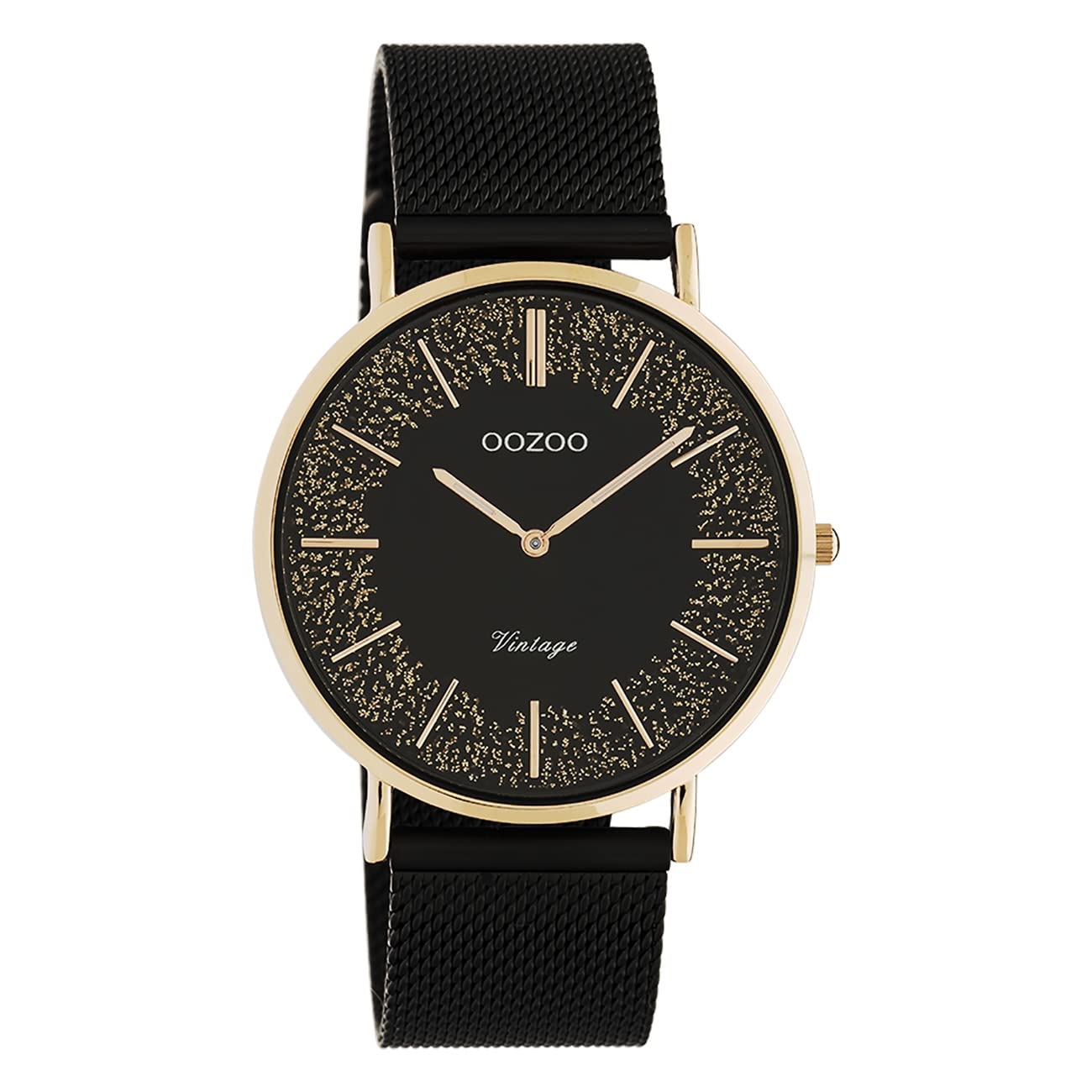 Oozoo Ladies Vintage Flat Watch with Glitter Line Milanese Metal Strap Stainless Steel Strap with Sparkling Elements in Dial 40mm, C20142 - Pink/Black/Black, groß, Vintage