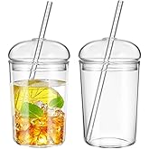 DOITOOL 2PCS Glass Cups with Lids and Straws 16oz Glass Coffee Ice Tea Water Cocktail Cups Clear Glass Drinking Cup Reusable Tumbler with Lid and Straw for Bubble Tea Juice Iced Coffee