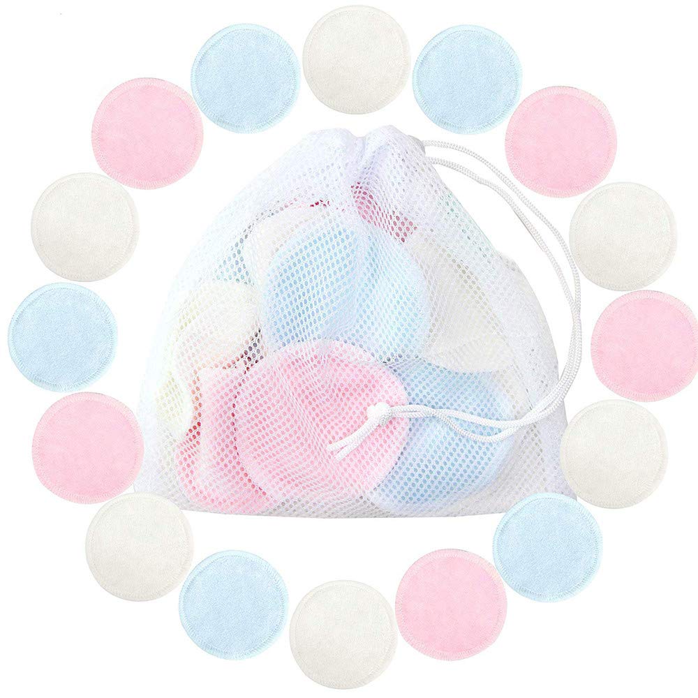 Nesee Reusable Makeup Remover Pads, 16 pcs Bamboo Makeup Remover Pads with Bag, Washable Organic Bamboo Cotton Rounds, Toner Pads, Facial Soft Cleansing Wipes