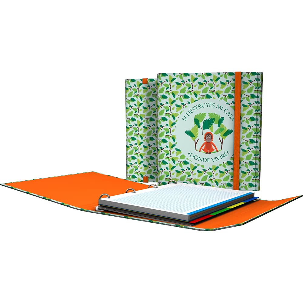 Grafoplás 88212630 4-Ring Binder with Flap, A4, Flap and Elastic Closure, Includes Refills and Dividers, Wise Planet, Monkey