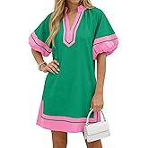 Wenrine Womens Summer Mini Dress Puff Sleeve Casual V Neck Color Block Side Slit Loose Shirt Dresses with Pockets