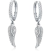 Cuoka Angel Wings,Feather Cross Earrings 925 Sterling Silver Unisex Hanging Dangle Drop Earrings,Small Hoop Earrings Jewelry for Women Men
