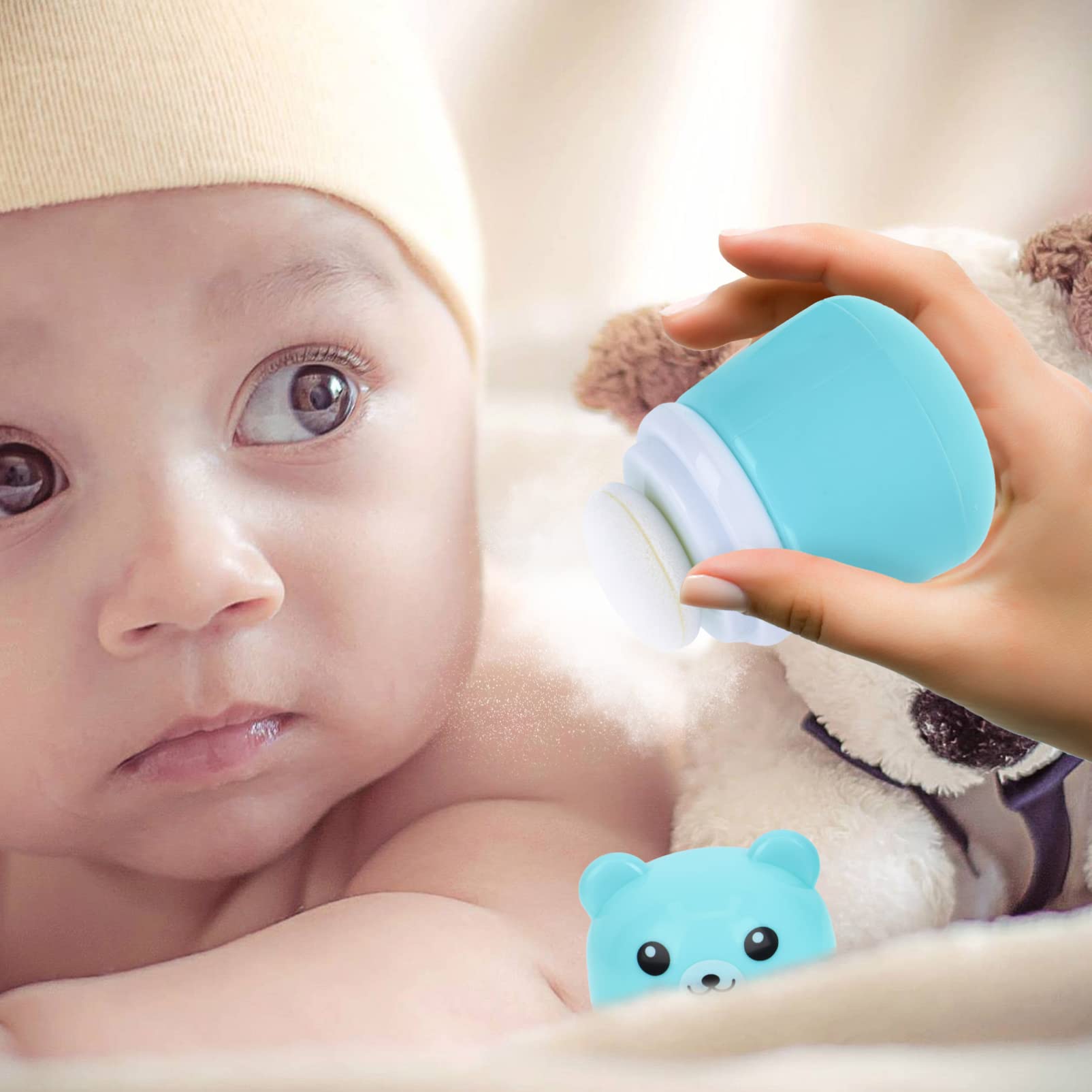 Baby Powder Bottle: Cartoon Bear Powder Puff Box, Infant Loose Powder Box with Puff, Talcum Powder Container, Portable Powder Dispenser for Kids (Blue)
