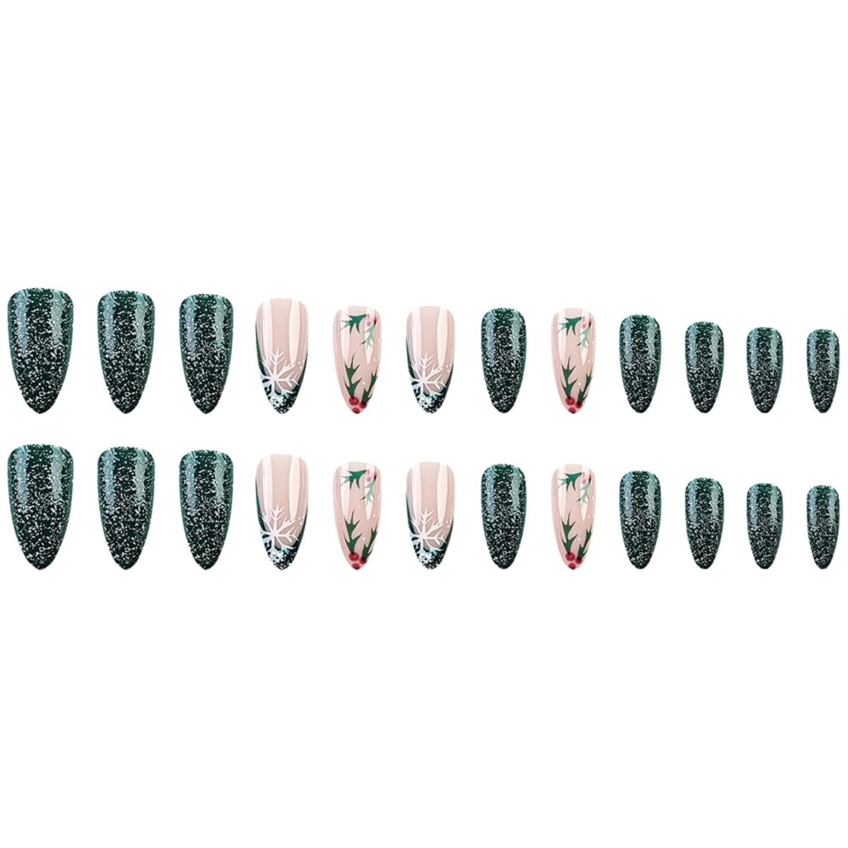 Christmas Press on Nails Medium Almond Shape Fake Nails Glitter Green Press on Nails with Designs Christmas Glue on Nails Green French False Nail Tips Acrylic Full Cover Holiday Nails for Women 24PCS - Image 6