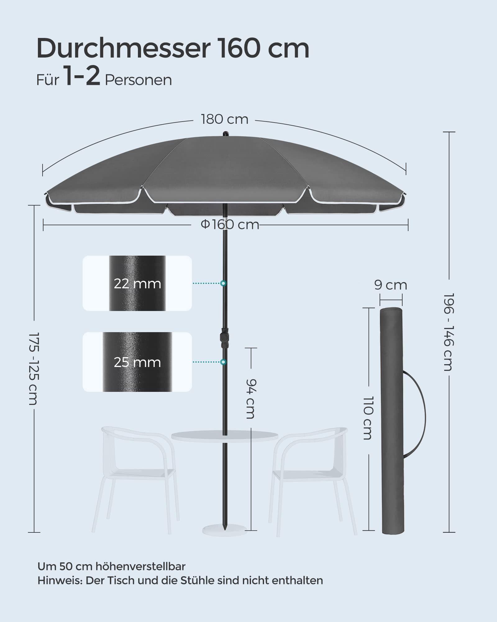 SONGMICS Sonnenschirm 160 cm, Sonnenschutz, UPF 50+, Strandschirm, beidseitig um 30° knickbar, höhenverstellbar, mit Tragetasche, für Balkon, Garten, Terrasse, Strand, ohne Ständer, grau GPU060G01 7