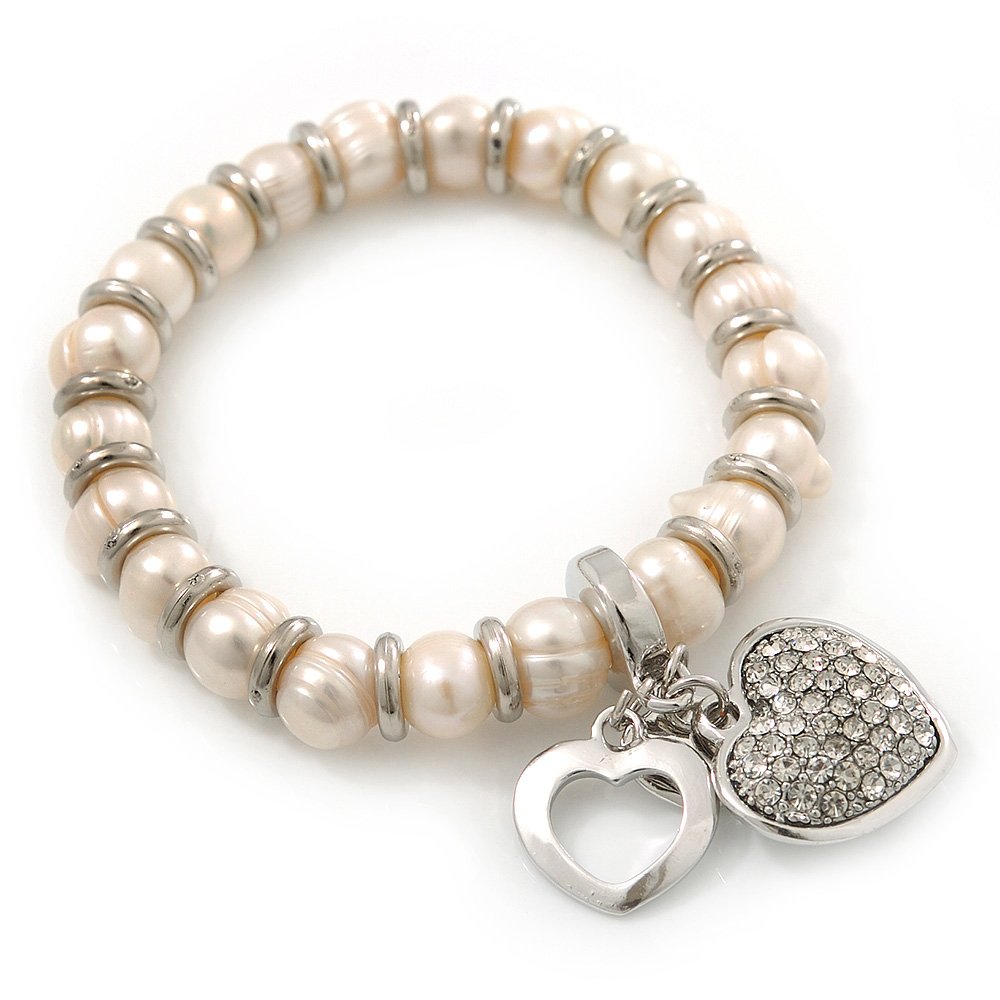 Avalaya Freshwater Pearl Diamante 'Heart' Charm Flex Bracelet In Rhodium Plating - 18cm Length