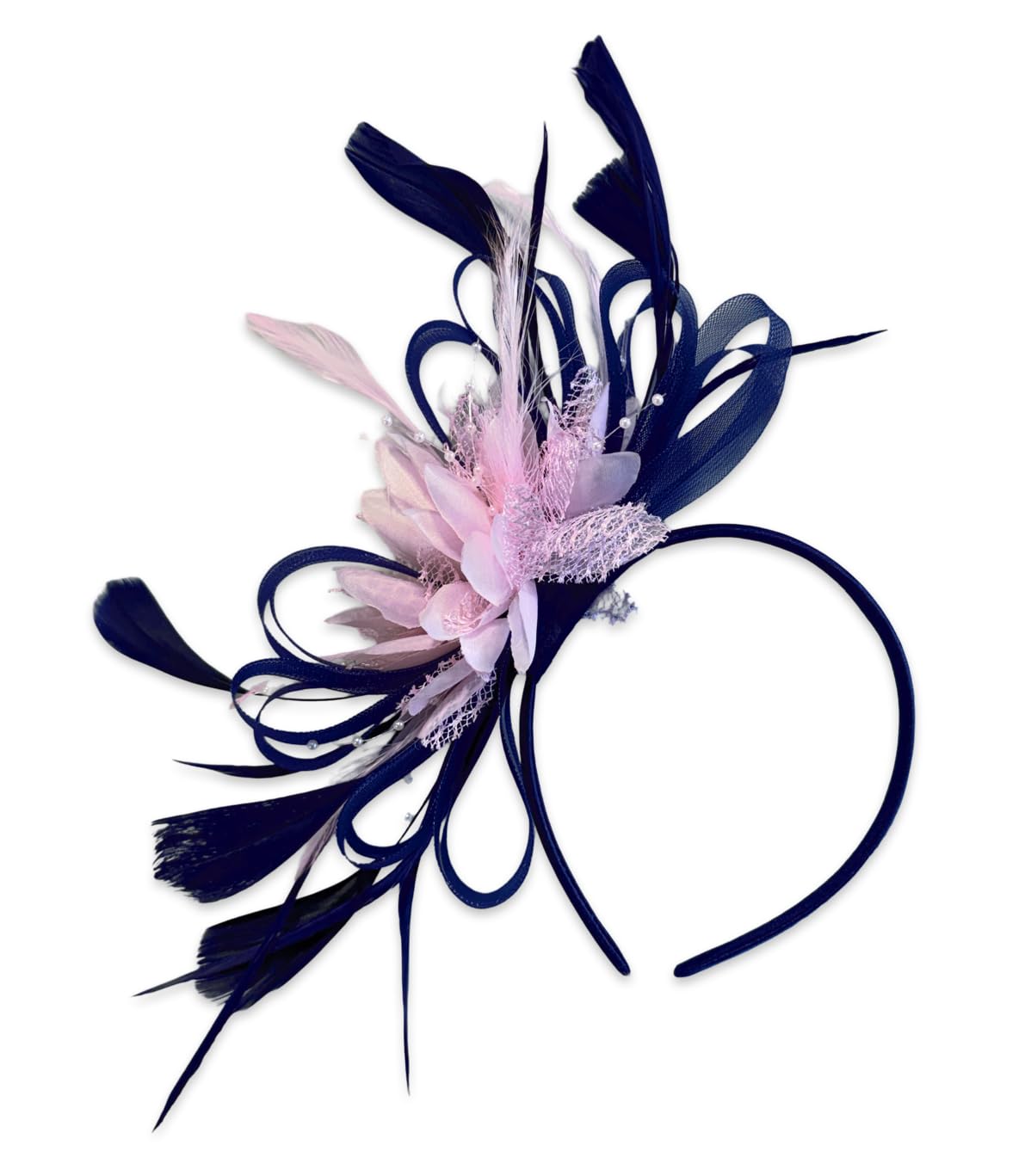 Caprilite Navy Blue and Baby Pink Feather Hair Fascinator Headband Wedding and Royal Ascot Races Ladies