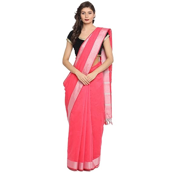 Chanderi Cotton Plain Saree With Striped Border With Blouse Piece(Pack of 1)