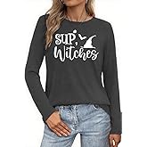 Women Halloween Shirt Halloween Witch Tshirt Spooky Vibes Witch Hat Graphic Tees Fall Season Long Sleeve Tops