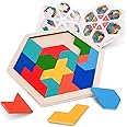 Wooden Hexagon Tangram Puzzle for Kids Adults, Geometric Shape Pattern Blocks, 3D Logic IQ Game, 60 Brain Teaser Challenges, STEM Montessori Educational Toy, Travel Games for Road Trip