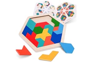 Vanmor Wooden Hexagon Tangram Puzzle for Kids Adults - Geometric Shape Pattern Blocks Brain Teaser Puzzles with 60 Solution, Fun Challenging Logic Mind Puzzles Travel Games for Overall Ages Road Trip