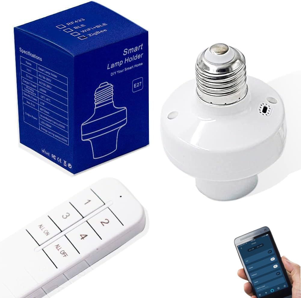 Photo 1 of QIACHIP Remote Control Light Socket E26 E27 Bulb Socket Adapter, ZigBee Smart Light Holder Compatible with Alexa Echo Voice Control, Requires Zigbee Hub