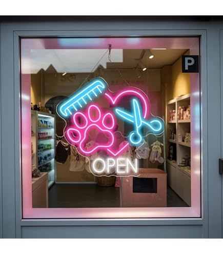 Pet Grooming Neon Sign – Dimmable Paw LED Light, 15.75" X 12.6", USB Powered – For Pet Salons, Hospitals, Stores & Wall Decor