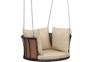 VINGLI 2.4 FT 1-Person Use Round Rattan Porch Swing Outdoor Support 440 LBS with Cushions & Adjustable Chains, Patio Wicker Swing Bench Chair for Garden, Yard, Lawn, Tree, Brown