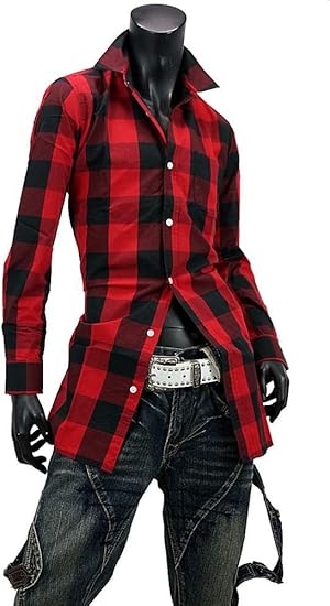 Amazon チェック柄ロングシャツ メンズ 綿100 06 レッド L シャツ 通販