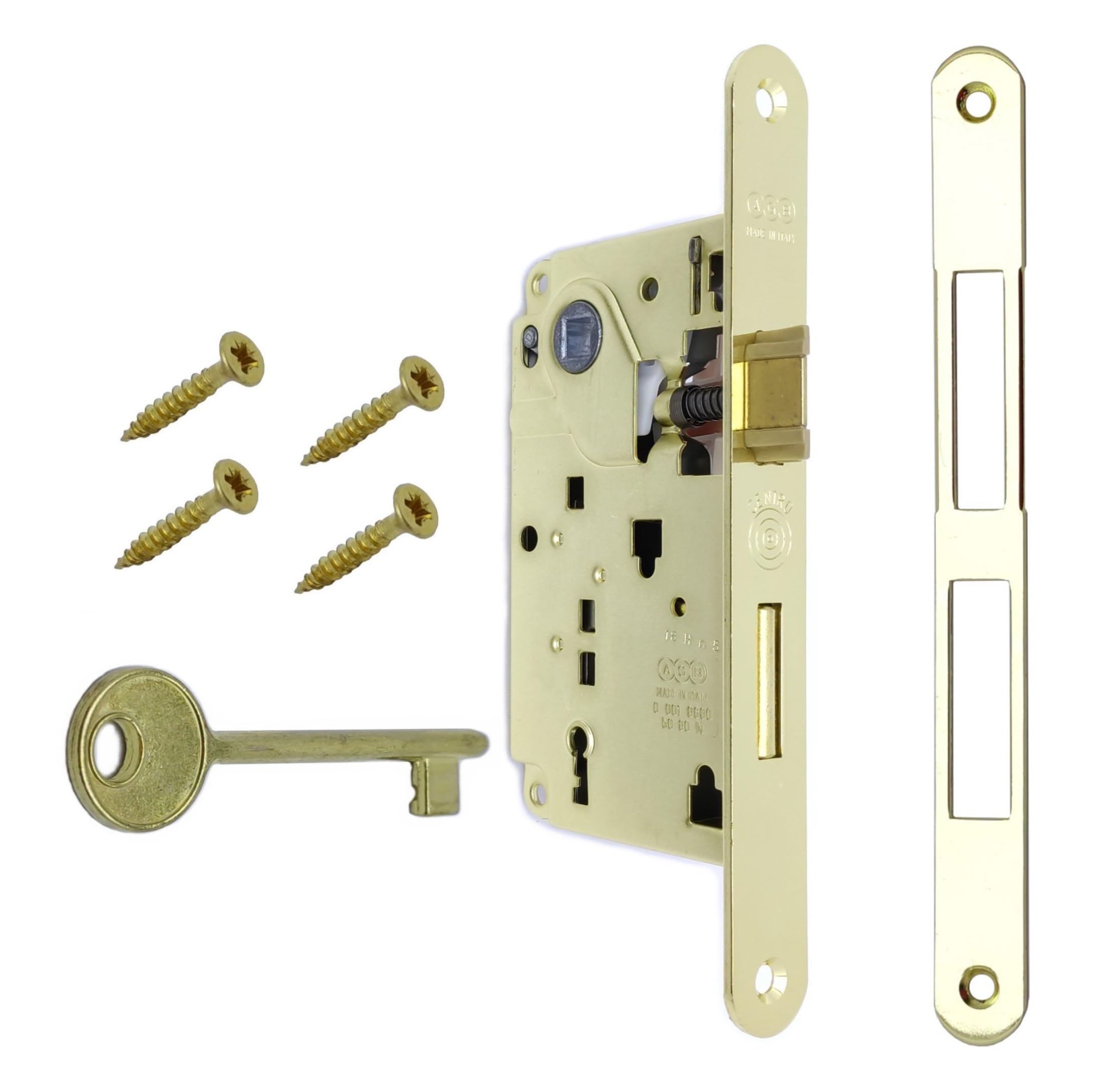 AGB Centro Series Internal Door Lock. Entrance 50, Wheelbase 90. (Front 22 x 196, Key Bolt Latch, Polished Brass)