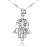 Middle Eastern Jewelry Fine 925 Sterling Silver CZ-Accented Heart Filigree-Style Hamsa Pendant Necklace